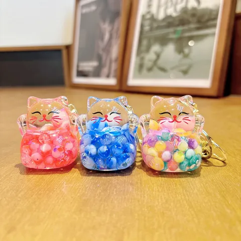 Cute Lucky Cat Liquid Quicksand Keychain Acrylic Moving Oil Floating Beads Bag Pendant Creative Key Ring With Metal Bell Gift For Girls Friend