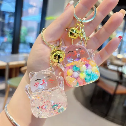 Cute Lucky Cat Liquid Quicksand Keychain Acrylic Moving Oil Floating Beads Bag Pendant Creative Key Ring With Metal Bell Gift For Girls Friend