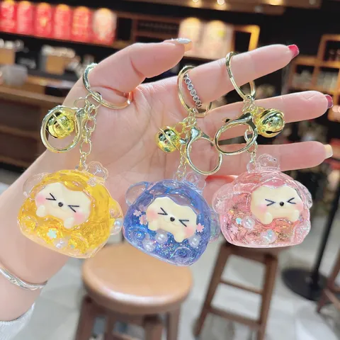 Cute Acrylic Quicksand Glitter Cartoon Bear Keychain Pendant Liquid Filled Squishy Toy Bag Charm Keyring For Girls Teens Gift