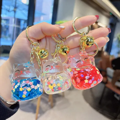 Cute Acrylic Liquid Quicksand Lucky Cat Keychain Glitter Sequin Moving Animal Bag Pendant Car Charm Creative Gift For Friends