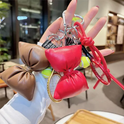 Fashion PU Leather Cord Bowknot Bag Charm Mini Tennis Racket Keychain Versatile Purse Hanging Ornament Cute Key Ring