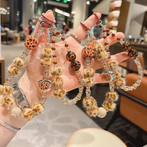 Cute Leopard Print Plush Pompom Keychain Beaded Phone Chain Heart Pendant Bag Charm For Women Girls Decorative Key Holder Gift