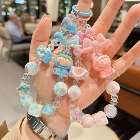 Cute Cartoon Figure Beaded Keychain Charm Sweet Iridescent Acrylic Bead Phone Chain Bowknot Star Pendant Gift For Girls Women