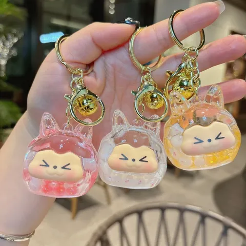 Creative Liquid Quicksand Keychain Cute Cartoon Animal Bag Pendant Acrylic Floating Beads Key Ring Charm With Bell Birthday Gift