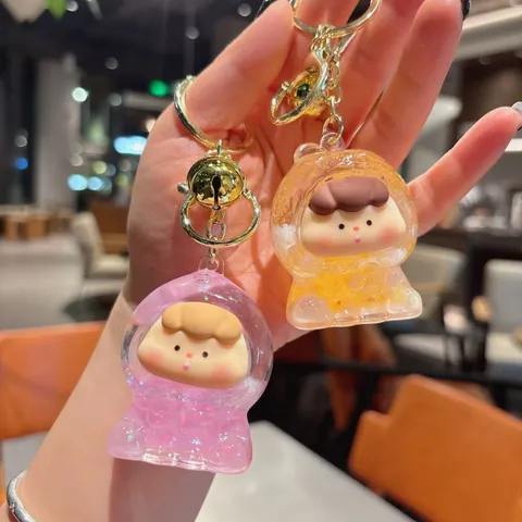 Creative Liquid Floating Keychain Cute Cartoon Fruit Figure Quicksand Key Ring Backpack Hanging Charm Pendant Blind Box Ornament