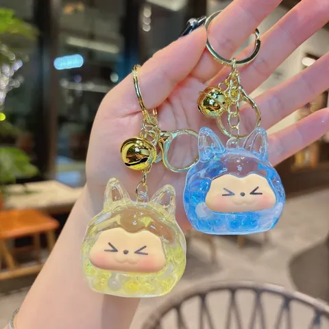 Creative Liquid Quicksand Keychain Cute Cartoon Animal Bag Pendant Acrylic Floating Beads Key Ring Charm With Bell Birthday Gift