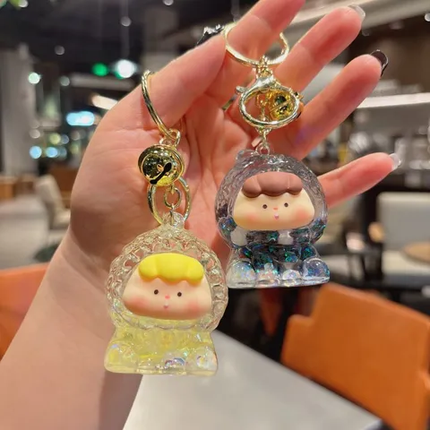 Creative Liquid Floating Keychain Cute Cartoon Fruit Figure Quicksand Key Ring Backpack Hanging Charm Pendant Blind Box Ornament