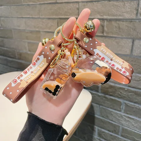 Cute Cartoon Bear Milk Tea Quicksand Keychain Acrylic Floating Bottle Chocolate Candy Keychain School Bag Pendant Trinket Gift