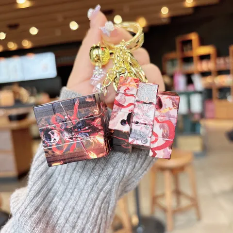 Chinese Trend Cartoon Character Rubiks Cube Keychain Pendant Plastic Alloy Mini Puzzle Stress Relief Toy Bag Hanging Decoration Gold Bell Keyring Gift