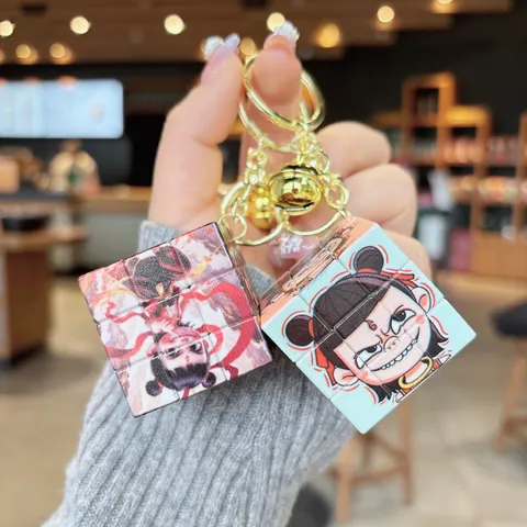 Chinese Trend Cartoon Character Rubiks Cube Keychain Pendant Plastic Alloy Mini Puzzle Stress Relief Toy Bag Hanging Decoration Gold Bell Keyring Gift