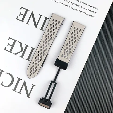 PU Leather Replacement Watch Band Breathable Perforated Strap With Metal Magnetic Folding Clasp For Smart Watch