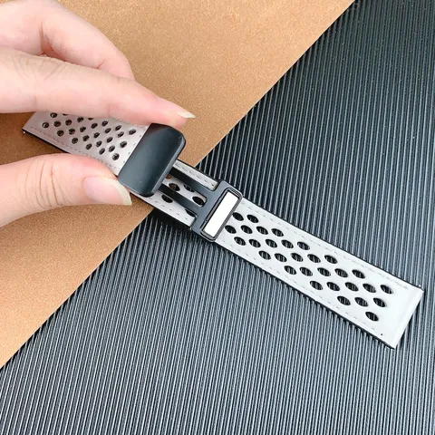 PU Leather Replacement Watch Band Breathable Perforated Strap With Metal Magnetic Folding Clasp For Smart Watch