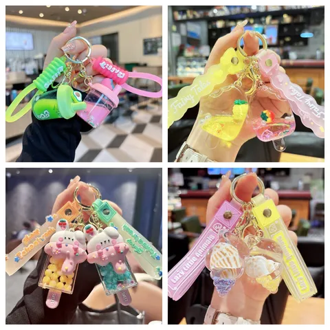 Cute Acrylic Liquid Quicksand Keychain Cartoon Animal Fruit Milk Tea Cup Bag Charm Colorful Pendant Gift Keyring For Women