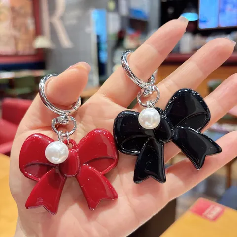 Cute Acrylic Bowknot Keychain With Artificial Pearl Metal Clasp Sweet Charm For Phone Earphone Case Bag Decorative Pendant
