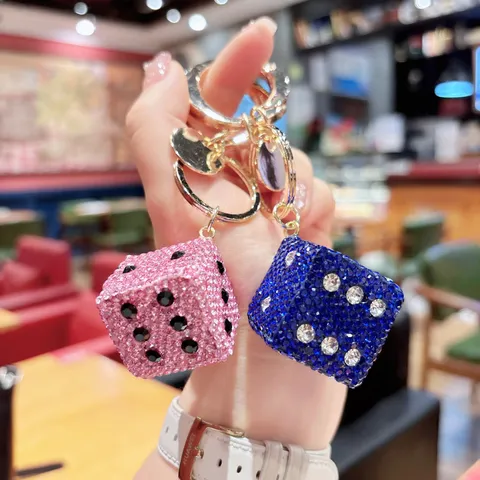 Luxury Alloy Rhinestone Dice Keychain Glitter Square Bag Pendant Car Key Ring For Women