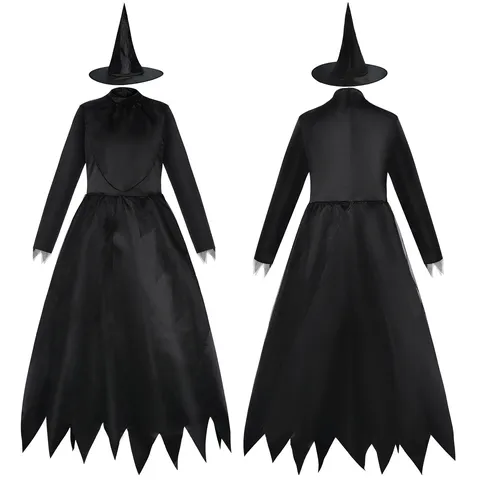 Damen Halloween Hexe Vampir Cosplay Kostüm Langarm Unregelmäßiger Saum Schwarzes Kleid Mit Spitzer Zaubererhut