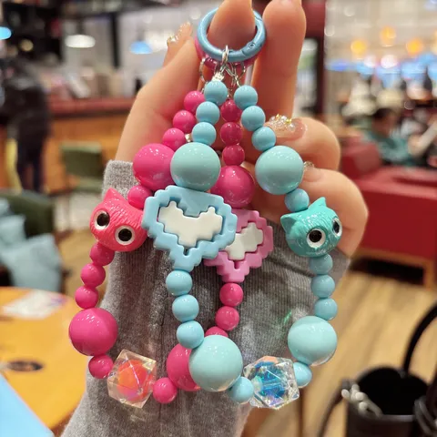 Cute Acrylic Beaded Phone Charm Cartoon Cat Head Pixel Heart Bag Keychain Pendant Candy Color Wrist Strap Lanyard Handmade Ornaments For Women Girl Gift