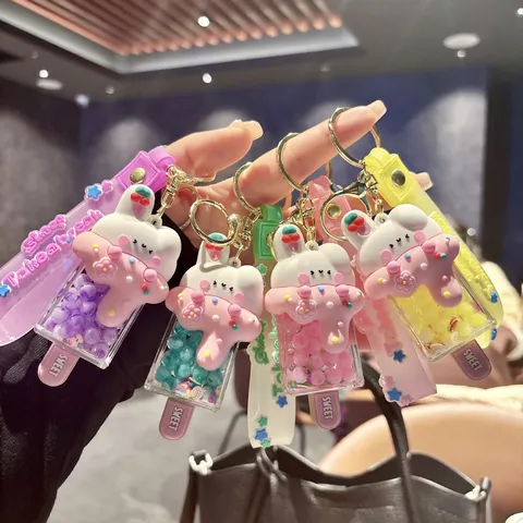 Cute Cartoon Rabbit Ice Cream Quicksand Keychain Liquid Glitter Acrylic Bag Charm Pendant Sweet Wrist Strap Key Ring Fine Gift