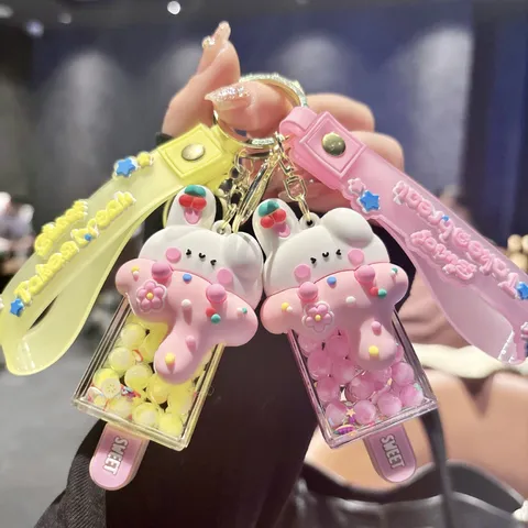 Cute Cartoon Rabbit Ice Cream Quicksand Keychain Liquid Glitter Acrylic Bag Charm Pendant Sweet Wrist Strap Key Ring Fine Gift