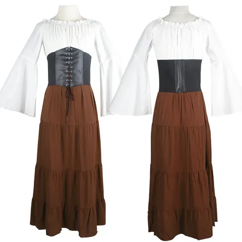 Medieval Renaissance Women Long Sleeve Flare Sleeve Dress Gothic Retro Cosplay Costume Party Long Maxi Dress