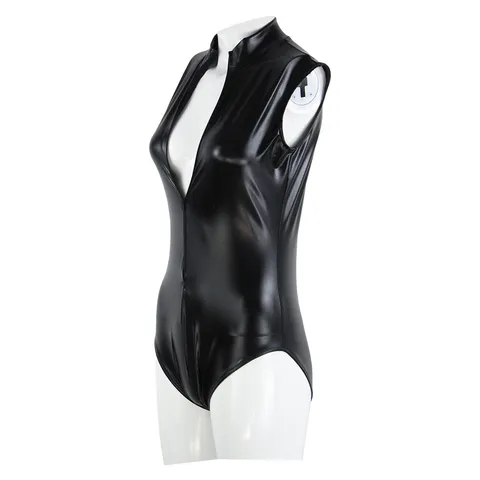 Women Black PU Leather Open Chest Sleeveless Bodysuit Stand Collar Zipper Sukumizu Anime Cosplay Costume