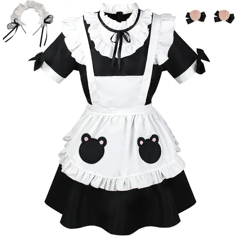 Japanese Cute Bear Maid Costume Lolita Anime Cosplay Outfit Black White Dress Apron Bow Hair Accessories Women