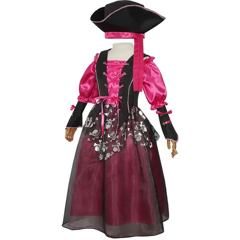 Costume de Pirate d'Halloween pour Enfants Robe de Princesse Rose avec Chapeau Tenue de Scène de Fête Cosplay pour Filles