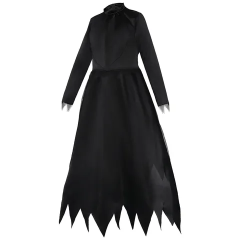 Damen Halloween Hexe Vampir Cosplay Kostüm Langarm Unregelmäßiger Saum Schwarzes Kleid Mit Spitzer Zaubererhut