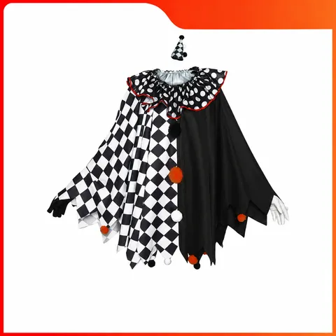 Halloween Horror Clown Cosplay Costume Black And White Polyester Cloak With Headwear And Gloves Party Stage Outfit