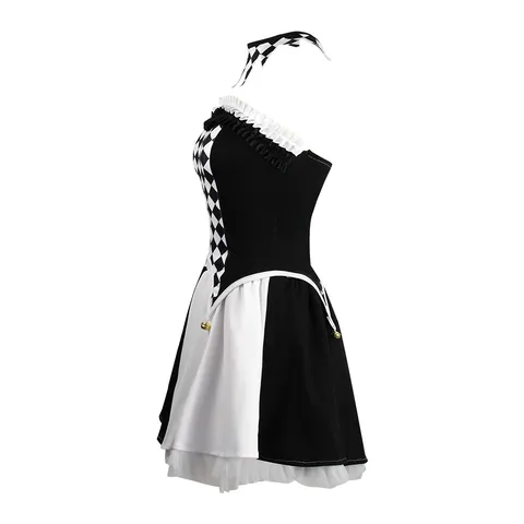 Women Halloween Black And White Checkered Joker Cosplay Costume Vampire Evil Clown Outfit Fancy Dress Party Set