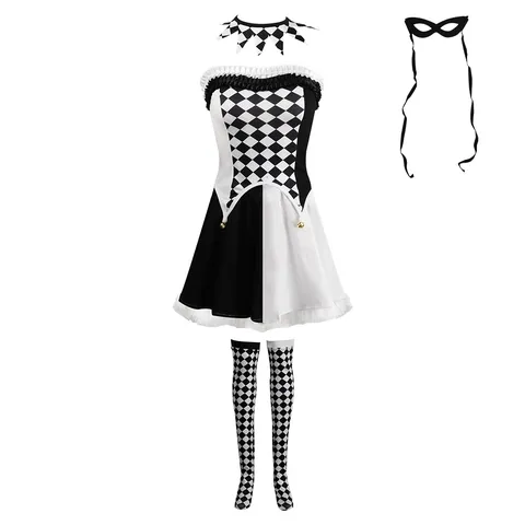 Women Halloween Black And White Checkered Joker Cosplay Costume Vampire Evil Clown Outfit Fancy Dress Party Set