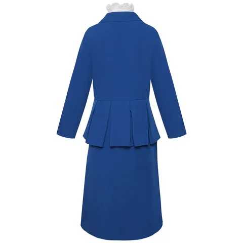 Kids Girls Edward Nanny Cosplay Costume Halloween Long Sleeve Blue Dress With White Lace Collar And Red Bow