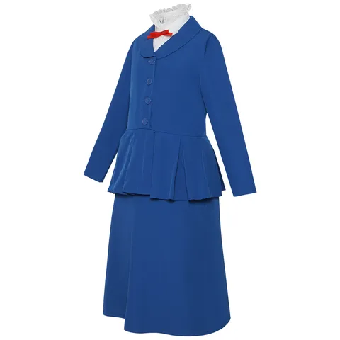 Kids Girls Edward Nanny Cosplay Costume Halloween Long Sleeve Blue Dress With White Lace Collar And Red Bow