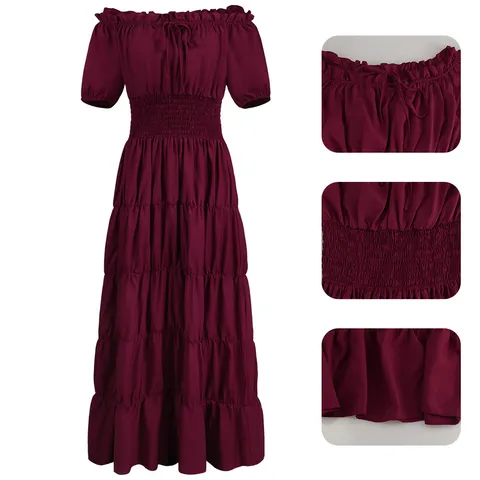Women Medieval Renaissance Vintage Cosplay Maxi Dress Off Shoulder Short Sleeve Tiered Long Dress Halloween Stage Costume