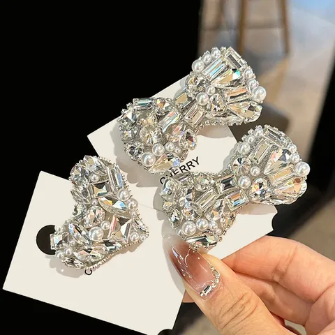 Sparkling Rhinestone Bow Hair Clip Silver Alloy Side Clip Crystal Faux Pearl Hair Accessories For Women