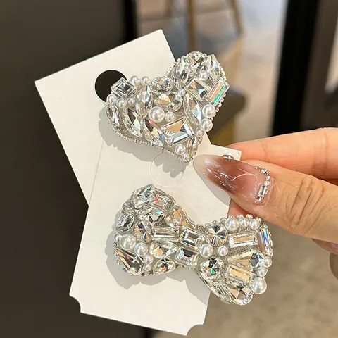 Sparkling Rhinestone Bow Hair Clip Silver Alloy Side Clip Crystal Faux Pearl Hair Accessories For Women