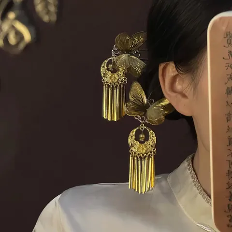 New Chinese Style Golden Butterfly Tassel Hairpin Alloy U-shaped Hair Fork