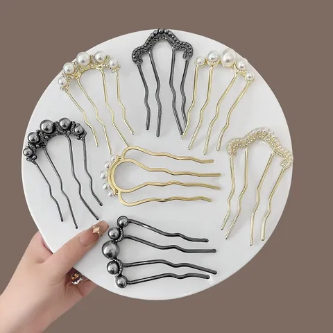 Minimalist Alloy Rhinestone Artificial Pearl U Shaped Hair Pin Hair Comb For Women Elegant Hair Styling Accessories