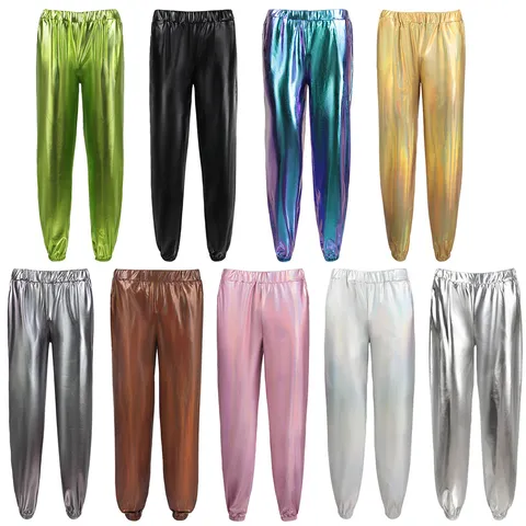 Pantaloni Lunghi in Pelle Verniciata Laser Olografica da Donna Street Hip Hop Festa Cosplay Performance Jogger Larghi