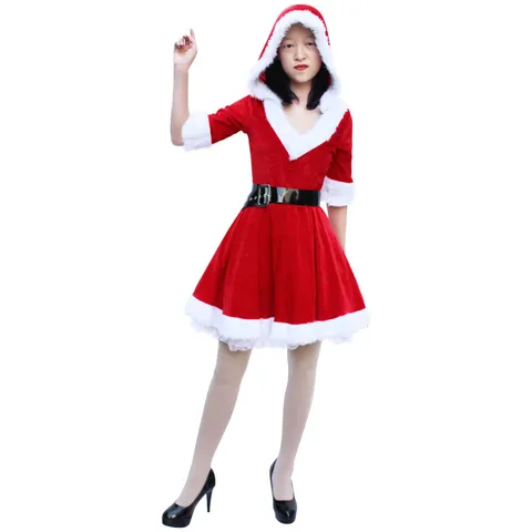 Damen Erwachsene Weihnachten Samt Kapuzenkleid Langarm Weihnachtsmann Kostüm Party Festival Feiertag Midi Kleid
