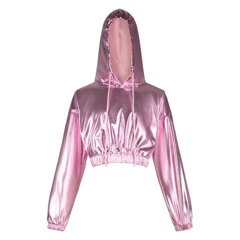 Women's Halloween Cosplay Cropped Hooded Sweatshirt Metallic Laser Long Sleeve Pullover Holographic Party Stage Top