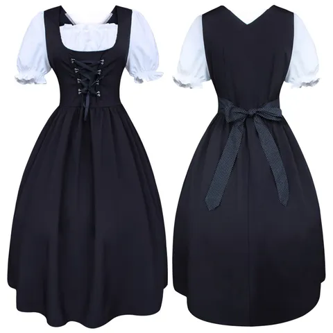 Women Medieval Renaissance Vintage Dress Drawstring High Waist Bow Color Block Long Maxi Dress Party Performance Outfit