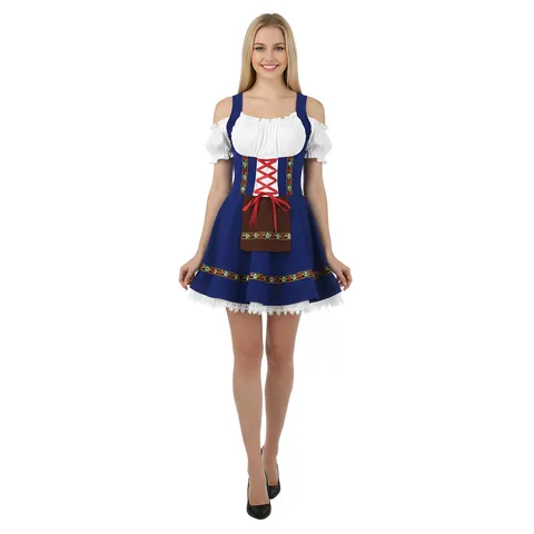 Mujer Disfraz de Chica de Cerveza Bávara Oktoberfest Halloween Cosplay Fiesta Vestido Elegante Encaje Bordado Traje de Criada