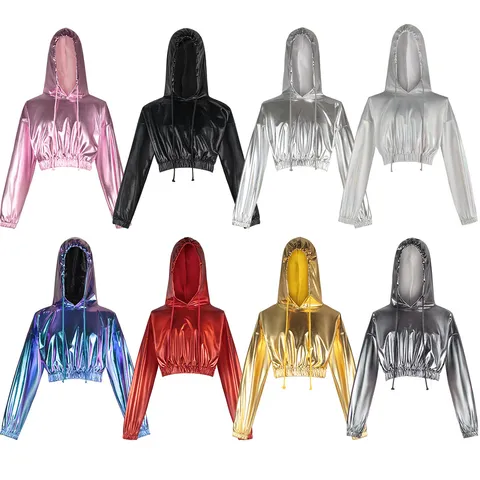 Women's Halloween Cosplay Cropped Hooded Sweatshirt Metallic Laser Long Sleeve Pullover Holographic Party Stage Top