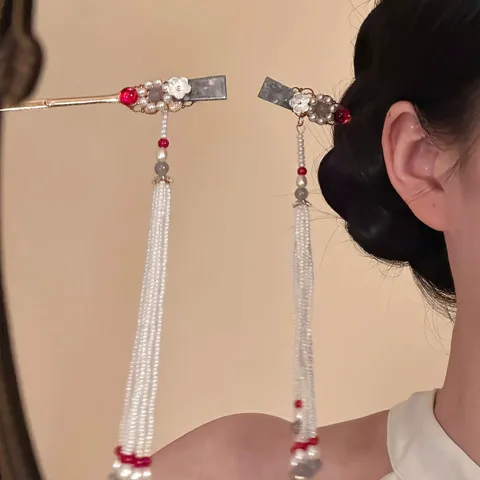 New Chinese Style Alloy Flower Artificial Pearl Long Tassel Hair Stick Vintage Hanfu Hair Clip For Women Decorative Headwear Gift