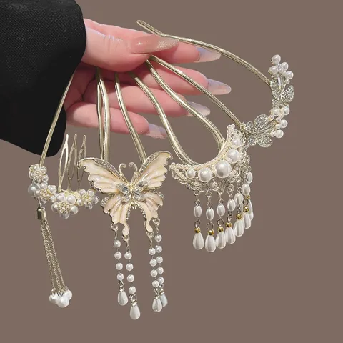 New Chinese Style Metal Hairpin Women Pearl Rhinestone Hair Fork Elegant U-Shaped Hair Bun Maker Hair Accessories
