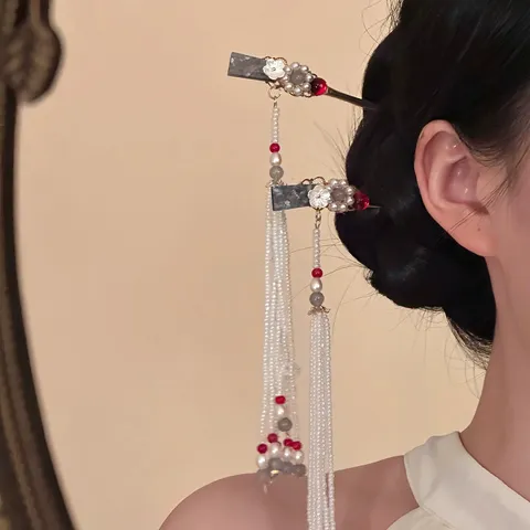 New Chinese Style Alloy Flower Artificial Pearl Long Tassel Hair Stick Vintage Hanfu Hair Clip For Women Decorative Headwear Gift