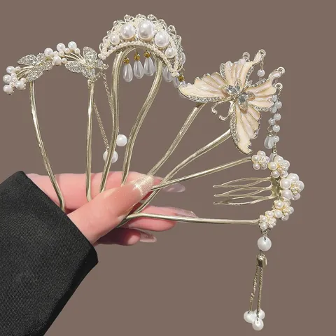 New Chinese Style Metal Hairpin Women Pearl Rhinestone Hair Fork Elegant U-Shaped Hair Bun Maker Hair Accessories