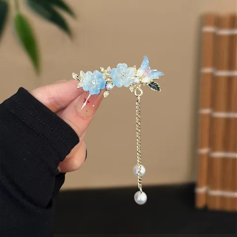 Pinza de Pelo China Vintage con Borla Aleación Perla Artificial Strass Abanico Pinza de Pico de Pato Tocado Hanfu Accesorios de Pelo Mujer