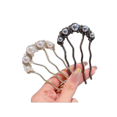 Vintage Alloy U-Shaped Hair Sticks Artificial Pearl Rhinestone Decorative Hair Combs Modern Chinese Hairpins Women Hair Accessories